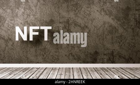 White NFT Text Against the Plastered Wall of a Room, 3D Render Stock Photo