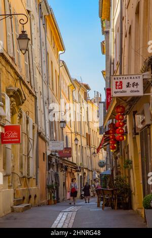 small old streets in the old town of  Aix en Provence with typical french facades Stock Photo