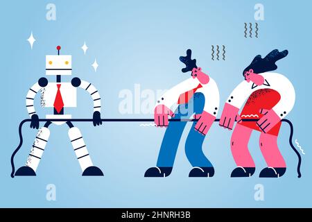 Playing with artificial intelligence concept. Woman and man workers cartoon characters playing pulling rope with robot making competition with robotic Stock Photo