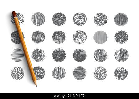 Hand drawn scribble set pattern background with blue lettering in Stock Photo