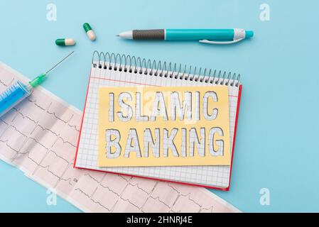 Hand writing sign Islamic Banking. Conceptual photo Banking system based on the principles of Islamic law Reading Graph And Writing Important Medical Notes Test Result Analysis Stock Photo