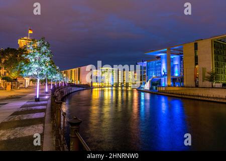 night view of Marie-Elisabeth-Luders-Haus in Berlin, film and light show. Berlin at night. Stock Photo