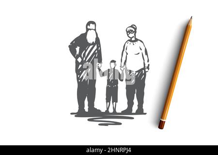 Old, couple, grandson, grandparents, love concept. Hand drawn old couple with grandson concept sketch. Isolated vector illustration. Stock Photo