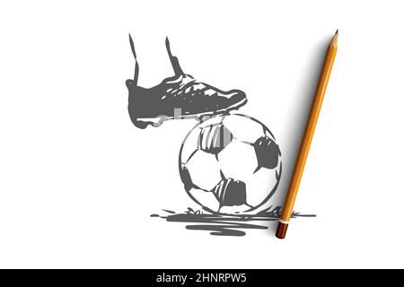 Fine, penalty, football, soccer, game concept. Hand drawn soccer player foot on ball concept sketch. Isolated vector illustration. Stock Photo