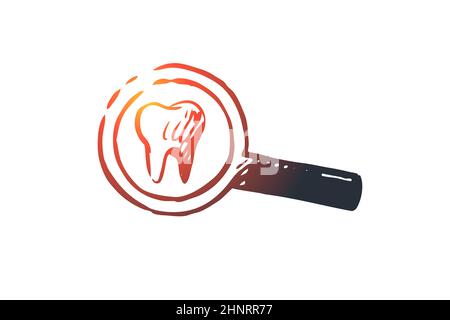 Tooth under a magnifying glass on blue background. Research and ...