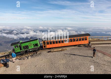 Mount Washington Cog Railroad at the top of Mount Washington Stock Photo