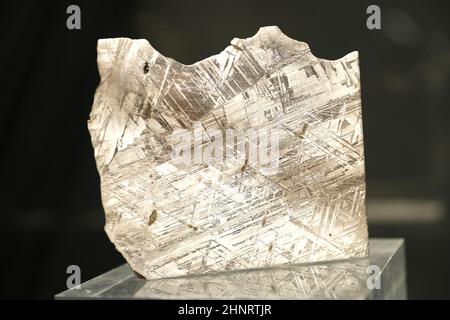 New York, United States. 17th Feb, 2022. A gibeon meteorite Ñ crystalline lattice featured in end piece is on display at a press preview for Deep Impact: Martian, Lunar and Other Rare Meteorites at Christie's on Thursday, February 17, 2022 in New York City. Photo by John Angelillo/UPI Credit: UPI/Alamy Live News Stock Photo