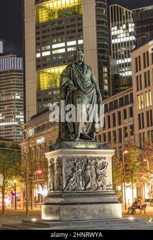 Statue of poet Johann Wolfgang von Goethe in Frankfurt, Germany by night Stock Photo