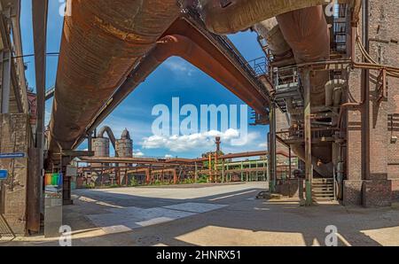 Disused blast furnace plant in Duisburg, Ruhr area district industry ruins Stock Photo