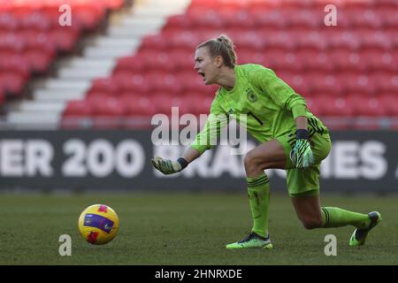 MIDDLESBROUGH, UK. FEB 17TH Merle Frohms of Germany during the Arnold Clark Cup match between Germany and Spain at the Riverside Stadium, Middlesbrough on Thursday 17th February 2022. (Credit: Mark Fletcher | MI News)L Credit: MI News & Sport /Alamy Live News Stock Photo