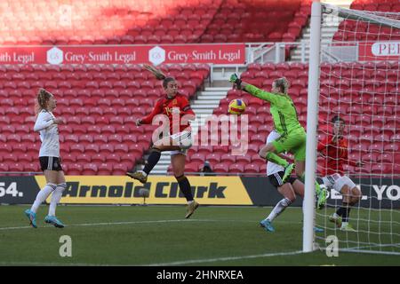 MIDDLESBROUGH, UK. FEB 17TH Spain's Alexia Putellas header is saved by Merle Frohms of Germany during the Arnold Clark Cup match between Germany and Spain at the Riverside Stadium, Middlesbrough on Thursday 17th February 2022. (Credit: Mark Fletcher | MI News)L Credit: MI News & Sport /Alamy Live News Stock Photo