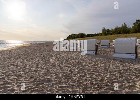 The view of the beach of Zempin on the island of Usedom with many beach chairs Stock Photo
