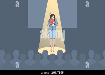 Anxious young woman speaker or presenter feel scared nervous of public speaking. Worried female stand on stage unconfident shy talking making presenta Stock Photo