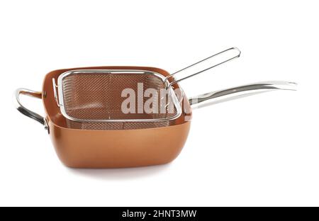 copper deep frying pan on white background Stock Photo