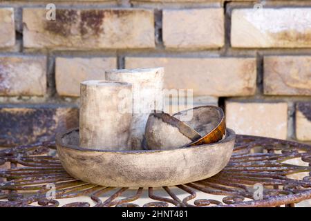 clay pots on a metal table -  handmade pottery Stock Photo