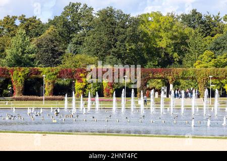 Szczytnicki Park and Wroclaw Pergola with colorful leaves of virginia creeper on a sunny day, Multimedia Fountain, Wroclaw, Poland Stock Photo