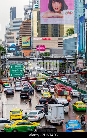 Rush hour big heavy traffic jam in busy Bangkok Thailand. Stock Photo