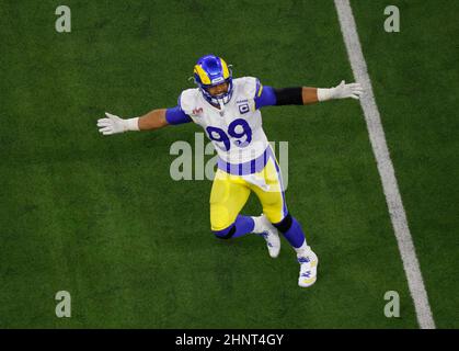 Los Angeles, California, USA. 13th Feb, 2022. Los Angeles Rams defensive  tackle Aaron Donald (99) celebrates his game winning sack at the NFL Super  Bowl 56 LVI football game between the Los