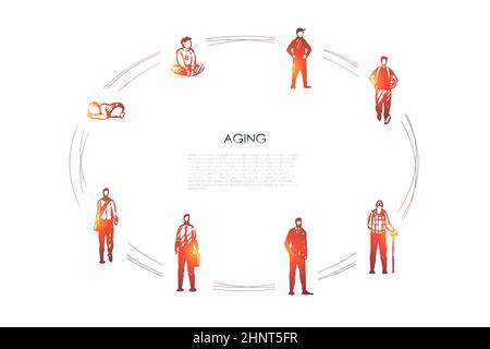 Aging - different stages of man age from infance, childhood boy to adult and old man vector concept set. Hand drawn sketch isolated illustration Stock Photo