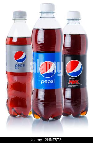 Pepsi Cola lemonade soft drinks in plastic bottles isolated on a white background Stock Photo
