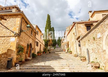 Pollenca on Mallorca stairs stairway to church El Calvari holidays vacation aerial photo in Spain Stock Photo