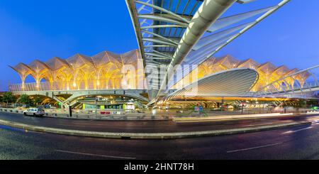 Lisbon Lisboa Oriente railway station in Portugal modern architecture panorama at night Stock Photo