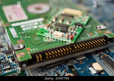 E-waste electronic, computer circuit cpu chip mainboard core processor electronics device, concept of data, hardware, technician and technology. Stock Photo