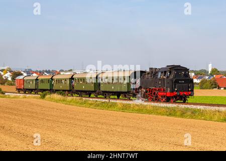 Steam train locomotice railway engine of Strohgäubahn in Korntal, Germany Stock Photo