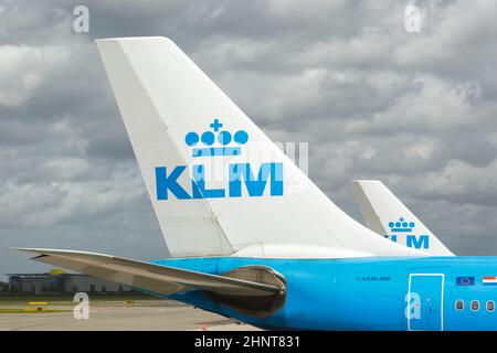 KLM Royal Dutch Airlines Airbus airplane tails Amsterdam Schiphol airport in the Netherlands Stock Photo