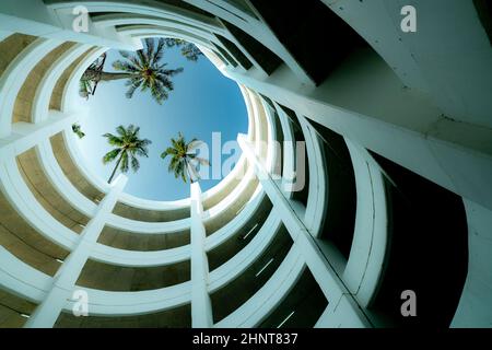 Bottom view multi-story car park building with coconut tree above building in summer. Multi-level parking garage. Indoor car parking lot. Architecture of spiral curve building. Sustainable building. Stock Photo