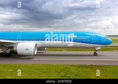 KLM Royal Dutch Airlines Boeing 777-300ER airplane Amsterdam Schiphol airport in the Netherlands Stock Photo