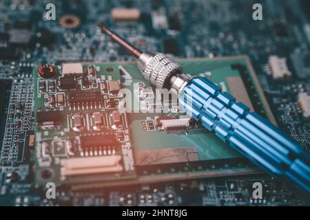 E-waste electronic, computer circuit cpu chip mainboard core processor electronics device, concept of data, hardware, technician and technology. Stock Photo