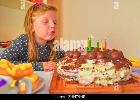 Little girl blowing out candles on her birthday cake. Small girl celebrating her six birthday. Birthday cake and little girl Stock Photo