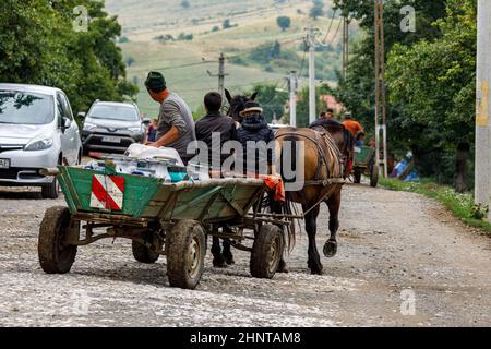 horse and carriage in the Village of Viscri in Romania Stock Photo