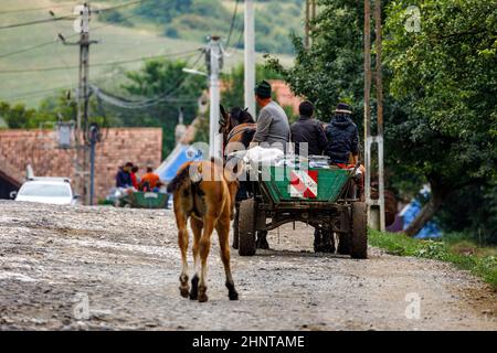 horse and carriage in the Village of Viscri in Romania Stock Photo