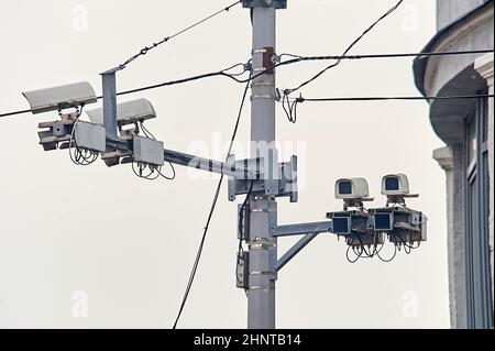 video surveillance camera mounted on a pole Stock Photo