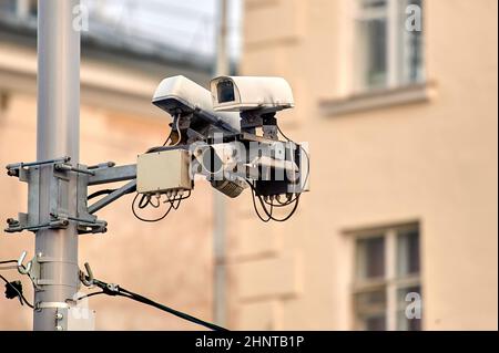 video surveillance camera mounted on a pole Stock Photo