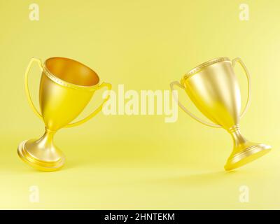 Golden trophy cup, Champion trophy, metallic shiny gold winner cup and victory, Sport game tournament award, studio shot on yellow background, 3D rend Stock Photo
