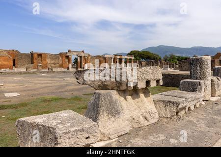 Forum of city destroyed by the eruption of the volcano Vesuvius in 79 AD near Naples, Pompeii, Italy Stock Photo