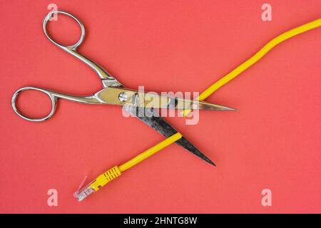 Scissors cutting the yellow network cable. Prohibit and restrict access to the internet, limit internet connection concepts. Stock Photo