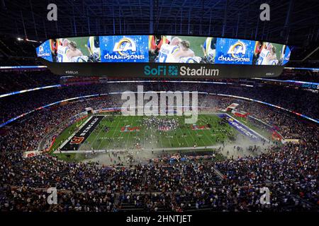 Inglewood, California, USA. 13th Feb, 2022. Los Angeles Rams quarterback  Matthew Stafford (9) throws a pass during Super Bowl 56 LVI NFL football  game between the Los Angeles Rams and the Cincinnati