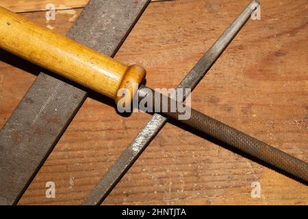 Old rasp. different carpentry files. various graters. instrument for wood processing. hand tools Stock Photo