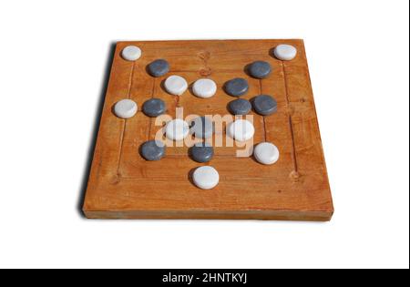 Reconstruction of roman board game Nine mens morris or mill game. Private recreational activity of ancient romans Stock Photo