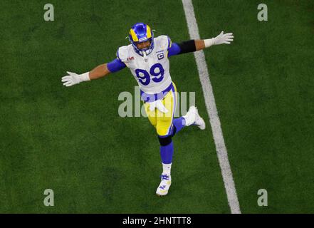 Inglewood, California, USA. 13th Feb, 2022. Los Angeles Rams defensive  tackle Aaron Donald (99) celebrates his game winning sack of Cincinnati  Bengals quarterback Joe Burrow (9) during Super Bowl 56 LVI NFL