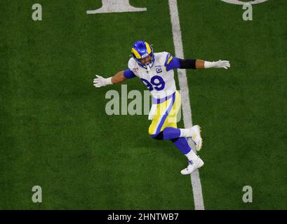 Inglewood, California, USA. 13th Feb, 2022. Los Angeles Rams defensive  tackle Aaron Donald (99) celebrates his game winning sack of Cincinnati  Bengals quarterback Joe Burrow (9) during Super Bowl 56 LVI NFL