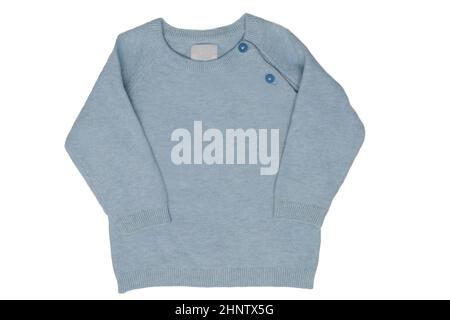 Autumn and winter children clothes. A light blue cozy warm sweater or pullover isolated on a white background. Spring fashion for child boy. Stock Photo
