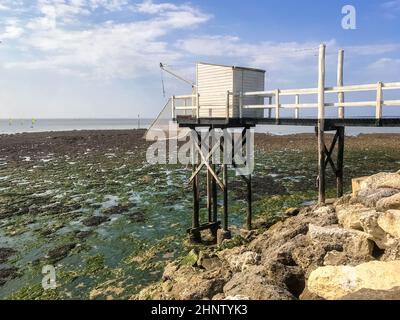 Traditional fishing cabin and net - Carrelet - in Saint Georges de Didonne, France Stock Photo