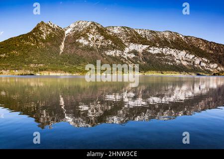 Beautiful reflection of mountain village in Hallstatter See, Austria, Europe Stock Photo