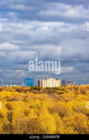 dark gray rainy clouds in blue sky over lush yellow forest and modern high-rise apartment houses illuminated by sun on autumn day before rain Stock Photo