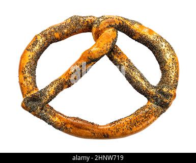 single pretzel sprinkled with poppy seeds isolated on white background Stock Photo